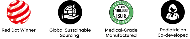 Red Dot Winner, Global Sustainable Sourcing, Medical-Grade Manufactured, Pediatrician Co-developed